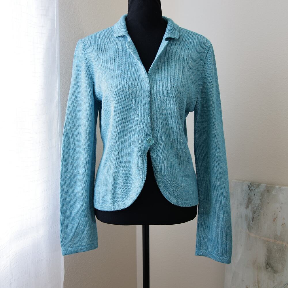 Krizia Maglia Italy sky blue crochet knit cardigan size S